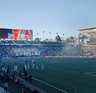 A large sports stadium filled with spectators. The field is occupied by soccer players, some walking and others scattered across the pitch. A massive screen displays a person, and flags fly on top of the stadium roof. The audience is dense, and the atmosphere seems lively with a visible banner showing 'BLUE WHITE & GOLD'.